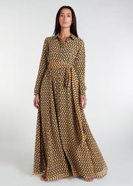 This Monochrome Maxi dress features a classic shirt-style design, making it a versatile and elegant choice for both formal and casual occasions. Its subtle colors and timeless pattern make it a perfect addition to your summer wardrobe. Yellow colour. Pockets.