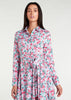 Featuring a vibrant floral pattern with an optional belt for styling, standard collars, discreet side pockets, and buttons all the way down, this maxi dress is perfect for any occasion. It is also suitable for nursing, making it a practical and stylish choice for any mother. Light blue base colour with pink roses and green thorns and leaves.