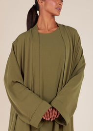 Two Piece Open Abaya With Slip Olive Green