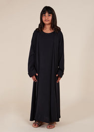 Girls Two Piece Open Abaya with Slip Black